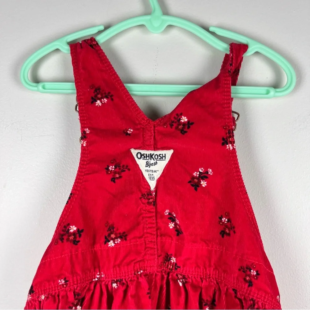 OshKosh B'gosh Toddler Girls Skirt Dress Floral Skirtall Red Corduroy Overall
